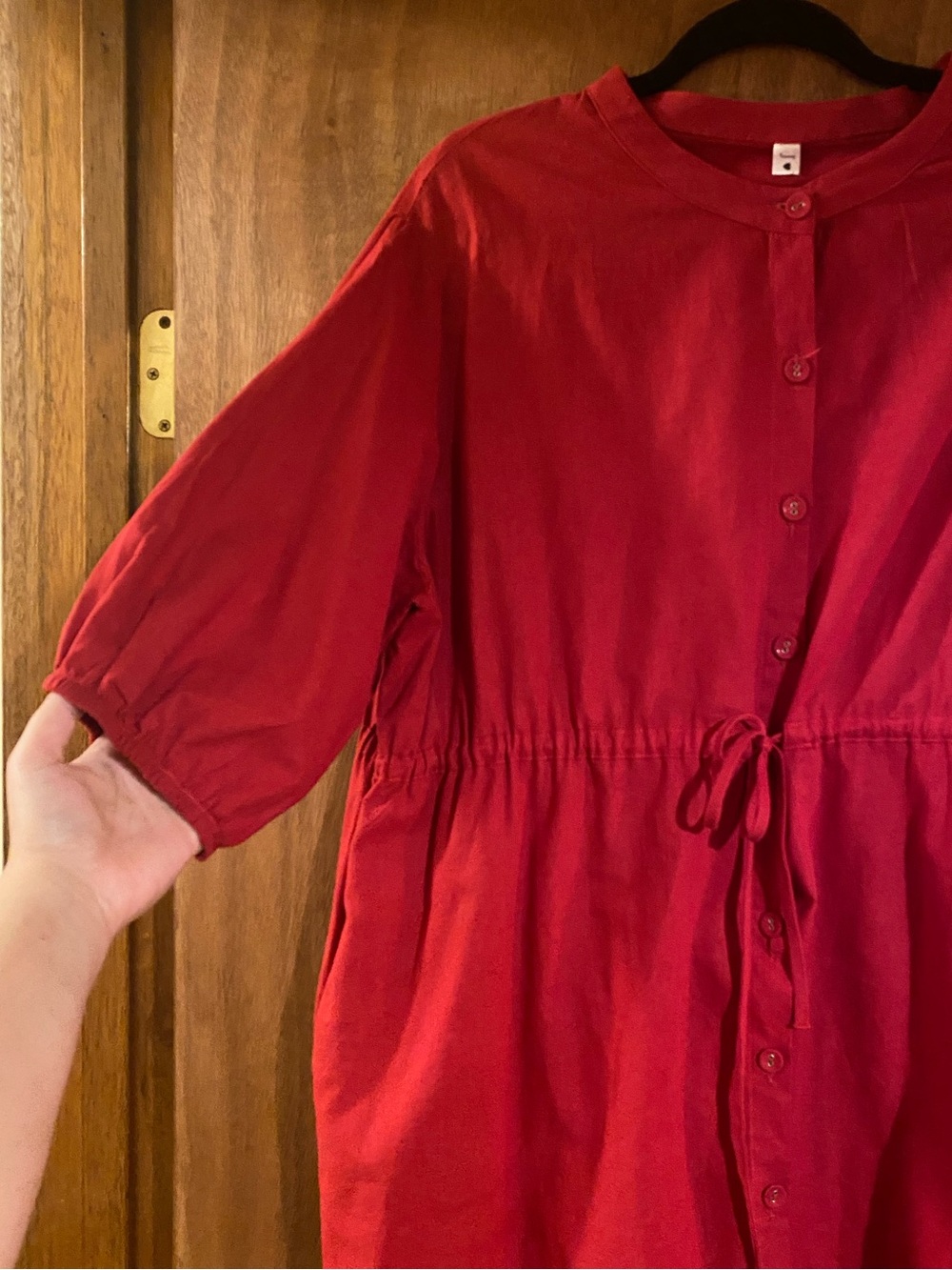 Red Linen Button-Up Drawstring Dress - Picture 2 of 4